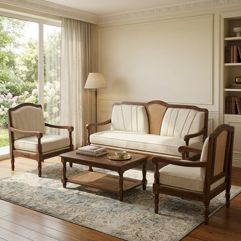 Sheesham wood 3+1+1 sofa set with cream boucle fabric