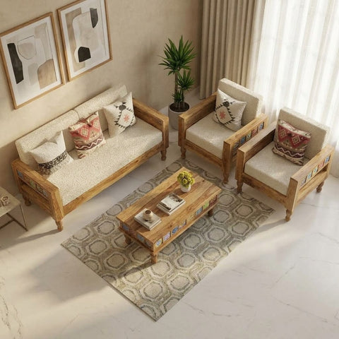 Sheesham wood 3 seater sofa with two armchairs