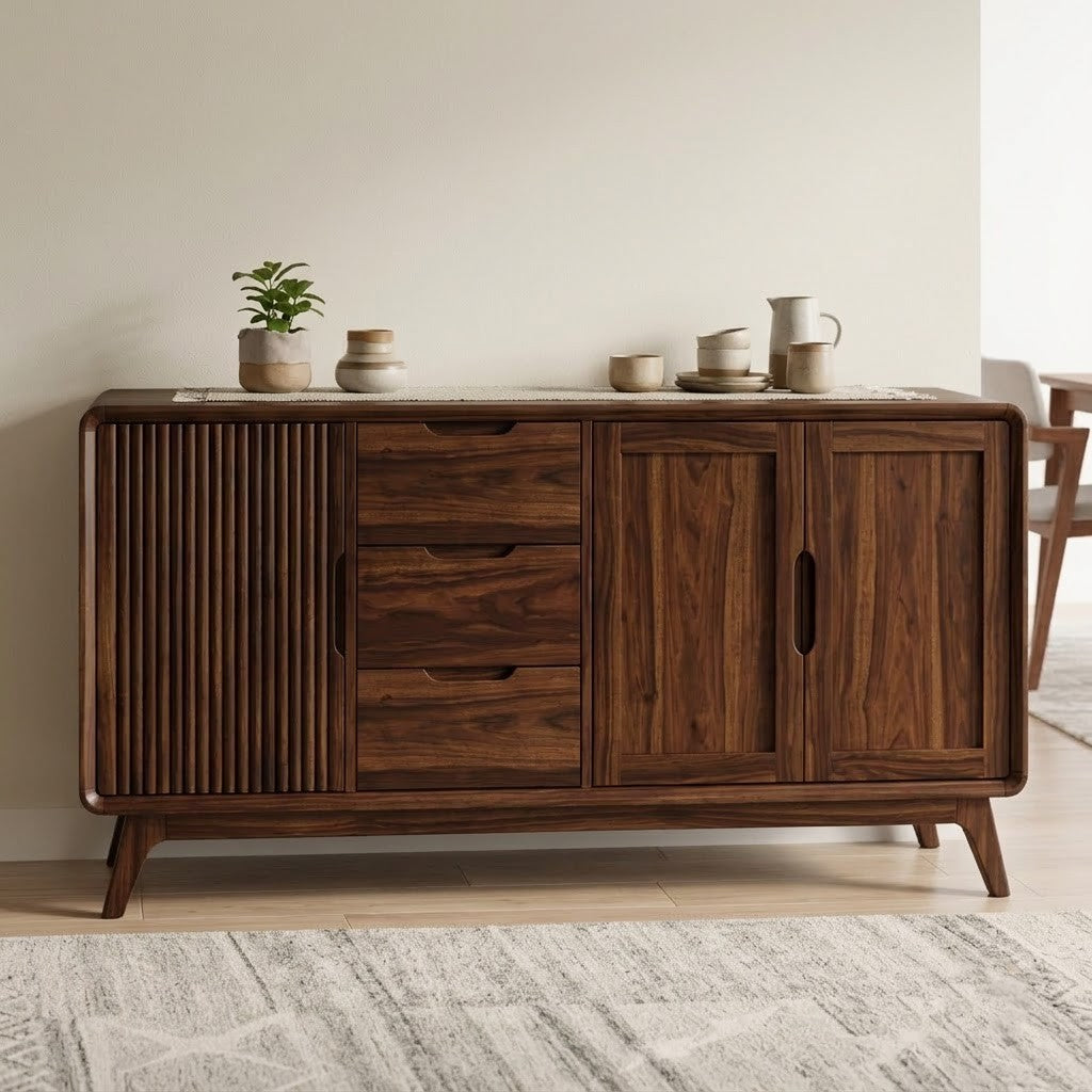 Sheesham wood cabinet with three drawers and cutout handles