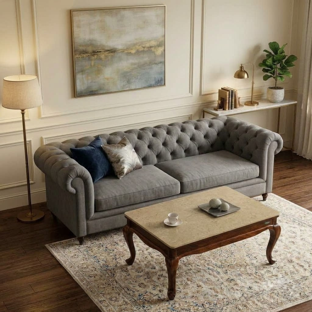 Sheesham wood coffee table with engineered marble top for living room