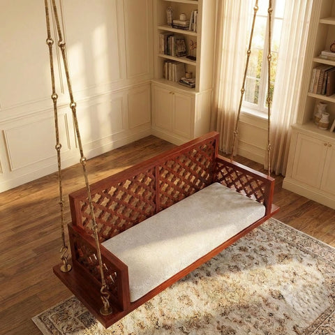 Sheesham wood hanging Jhula with upholstered fabric seat for home