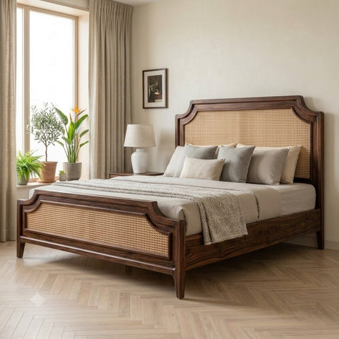 Sheesham wood king bed with Dark Walnut finish and cane detail