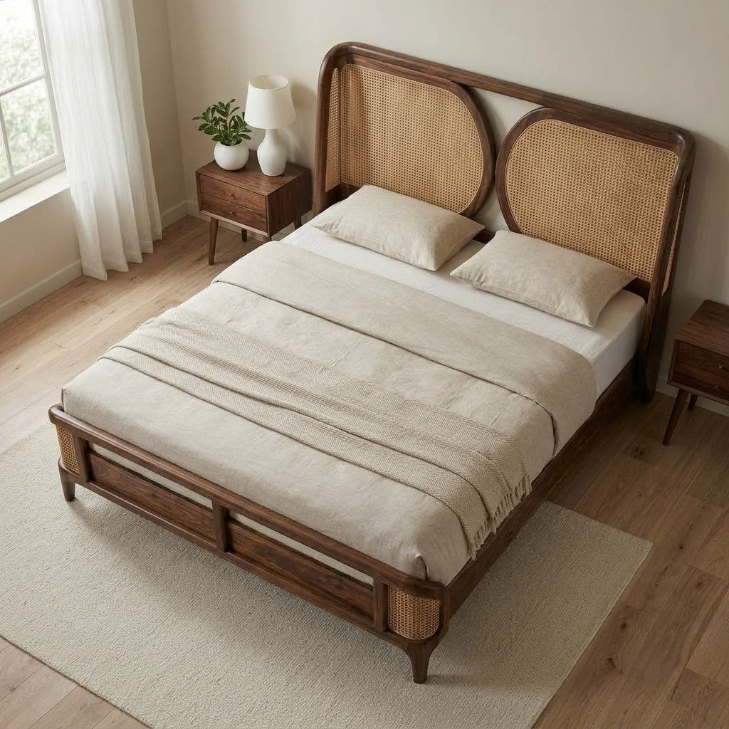 Sheesham wood king size bed with Dark Walnut finish and cane detail