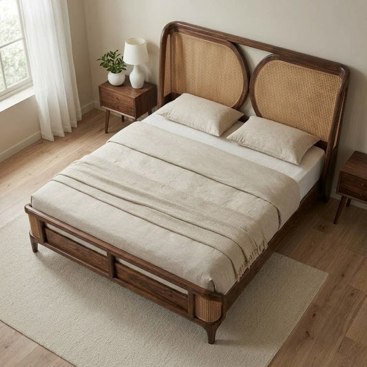 Sheesham wood king size bed with Dark Walnut finish and cane detail