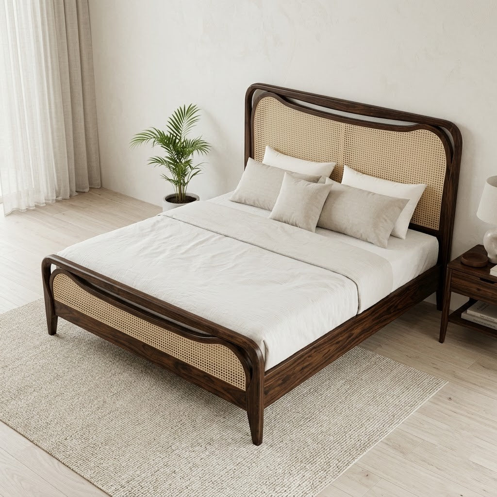 Sheesham wood king size bed with cane weaving headboard