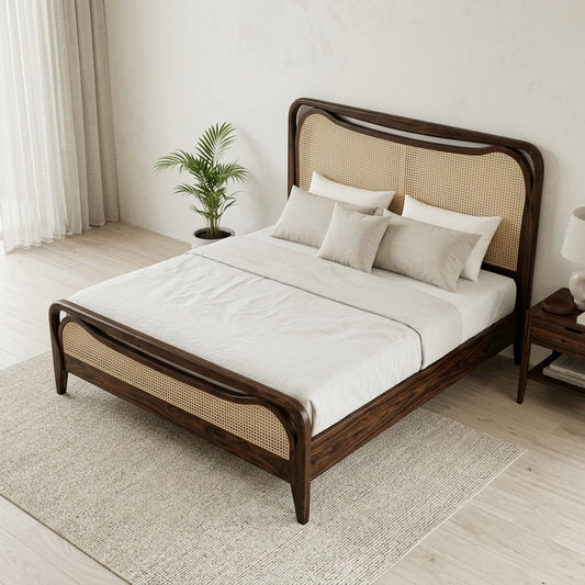 Sheesham wood king size bed with cane weaving headboard