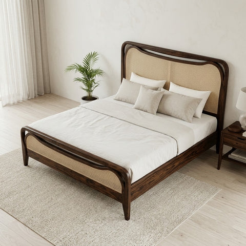 Sheesham wood king size bed with cane weaving headboard