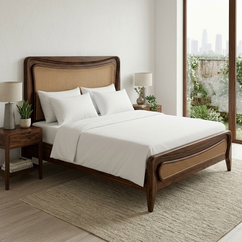 Sheesham wood king size bed with woven cane headboard
