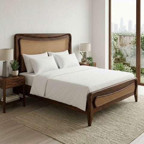 Sheesham wood king size bed with woven cane headboard