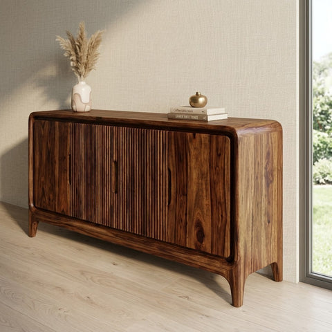 Sheesham wood living room sideboard with hinged doors and drawers
