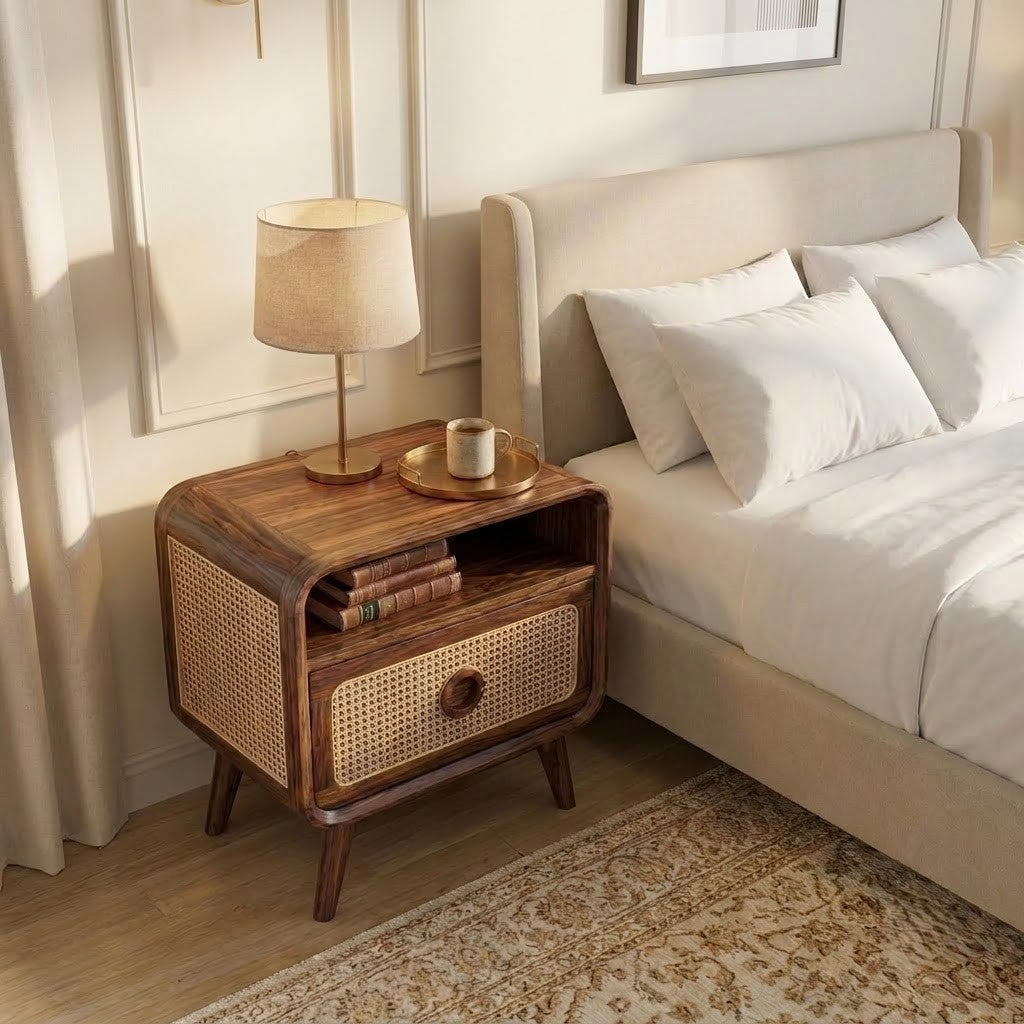 Sheesham wood nightstand with cane front in dark walnut finish
