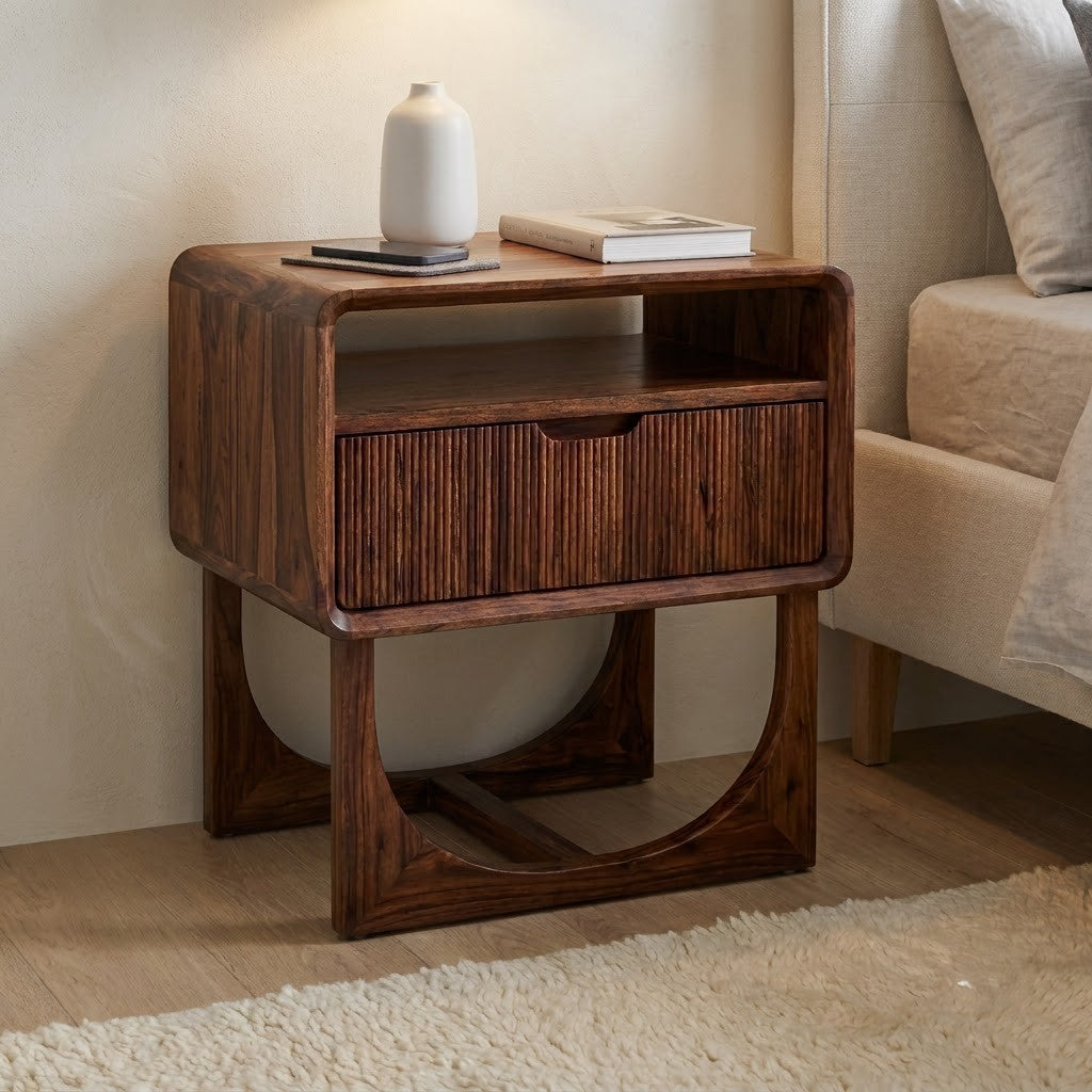 Sheesham wood nightstand with drawer and open storage shelf