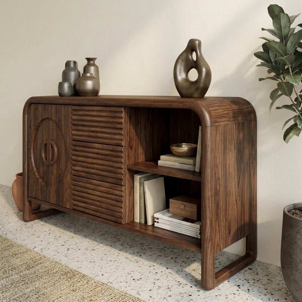 Sheesham wood sideboard cabinet with solid wood tabletop