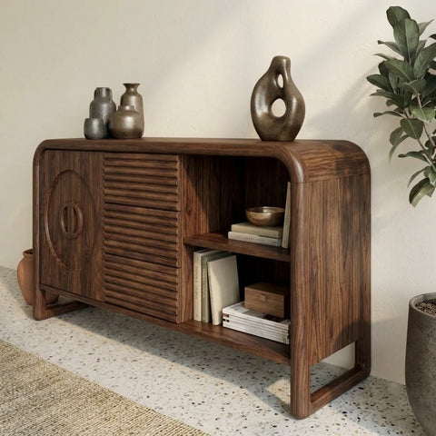 Sheesham wood sideboard cabinet with solid wood tabletop