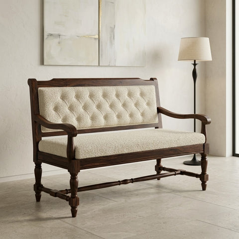 Sheesham wood upholstered bench with button tufted backrest by PRITI Home