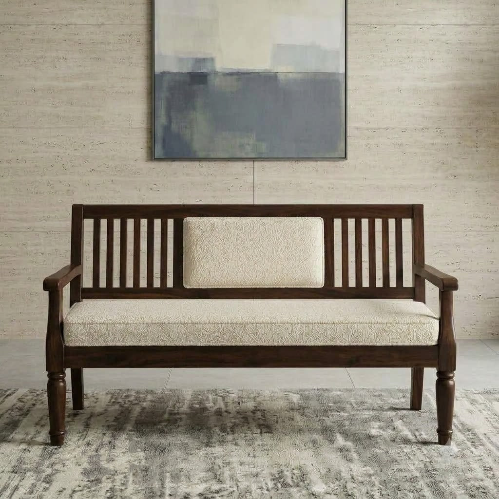 Sheesham wood upholstered bench with cushioned seat and backrest