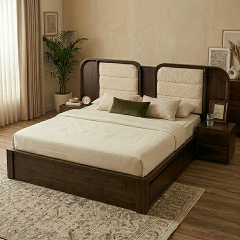 Priti Sheesham Wood Bed with Velvet Headboard