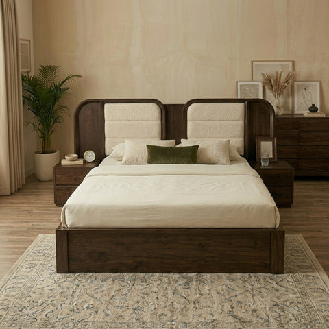 Priti Sheesham Wood Bed with Velvet Headboard