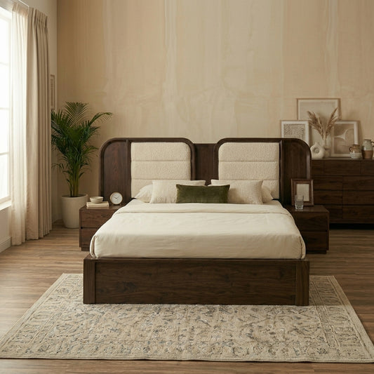 Priti Sheesham Wood Bed with Velvet Headboard