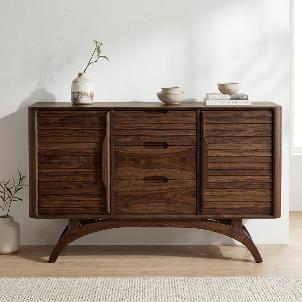 Slat-Front Wooden Cabinet for Living Room Storage
