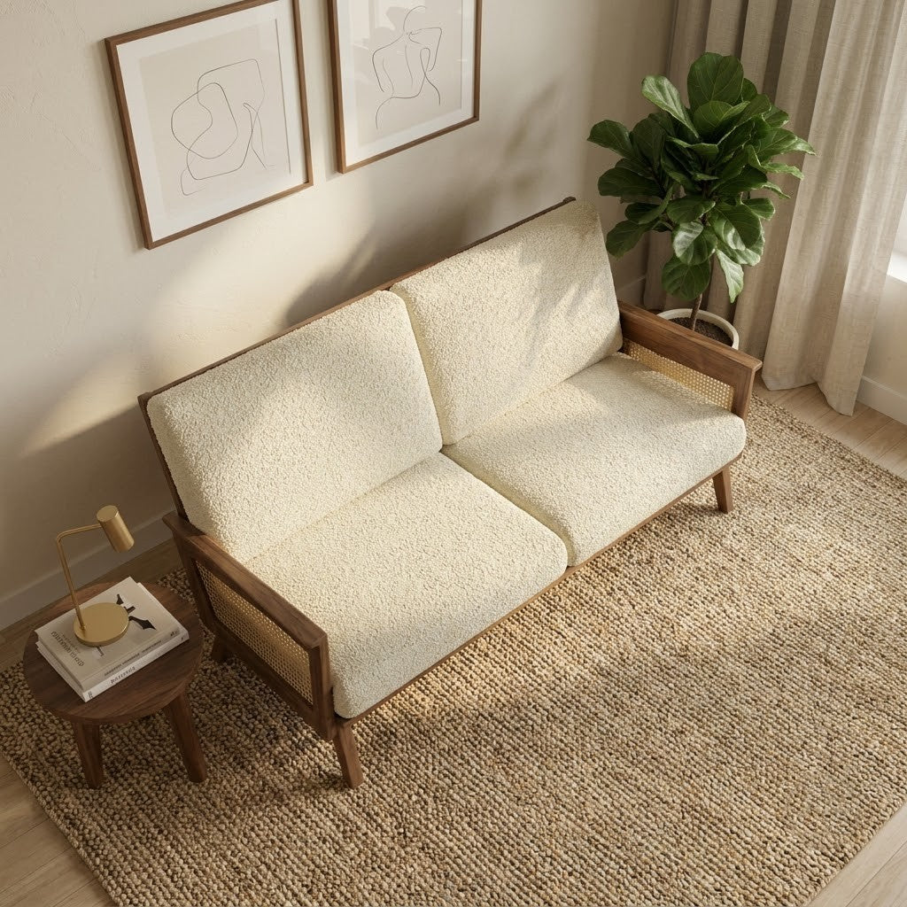 Slim line two seater sofa with wooden frame and upholstered seats