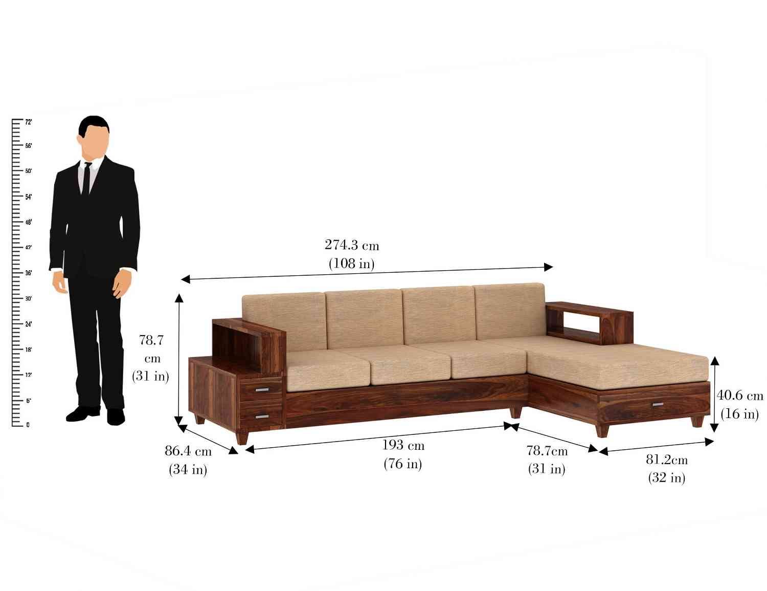 PRITI Solid Wood 4 Seater L Shape Sofa (Natural Finish)