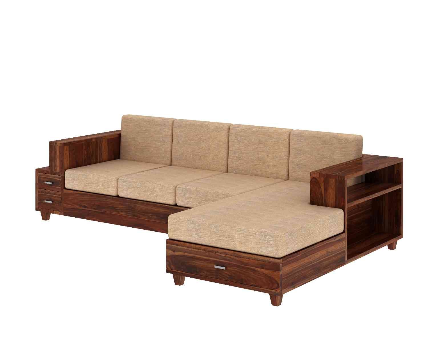 PRITI Solid Wood 4 Seater L Shape Sofa (Natural Finish)