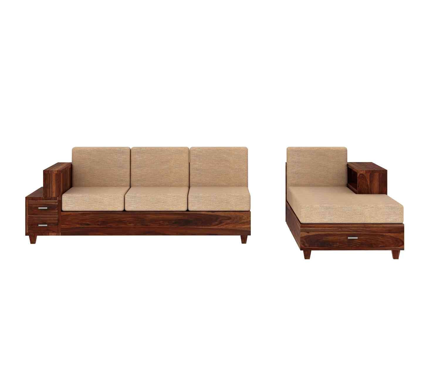 PRITI Solid Wood 4 Seater L Shape Sofa (Natural Finish)