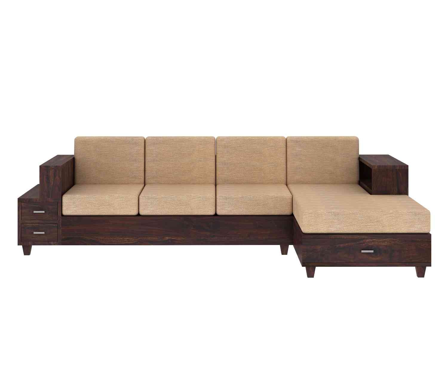 PRITI Solid Wood 4 Seater L Shape Sofa (Walnut Finish)