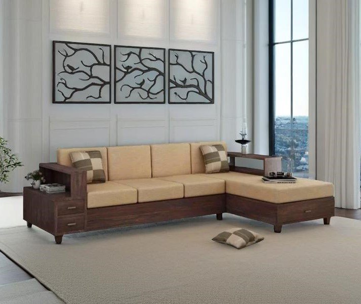 PRITI Solid Wood 4 Seater L Shape Sofa (Walnut Finish)