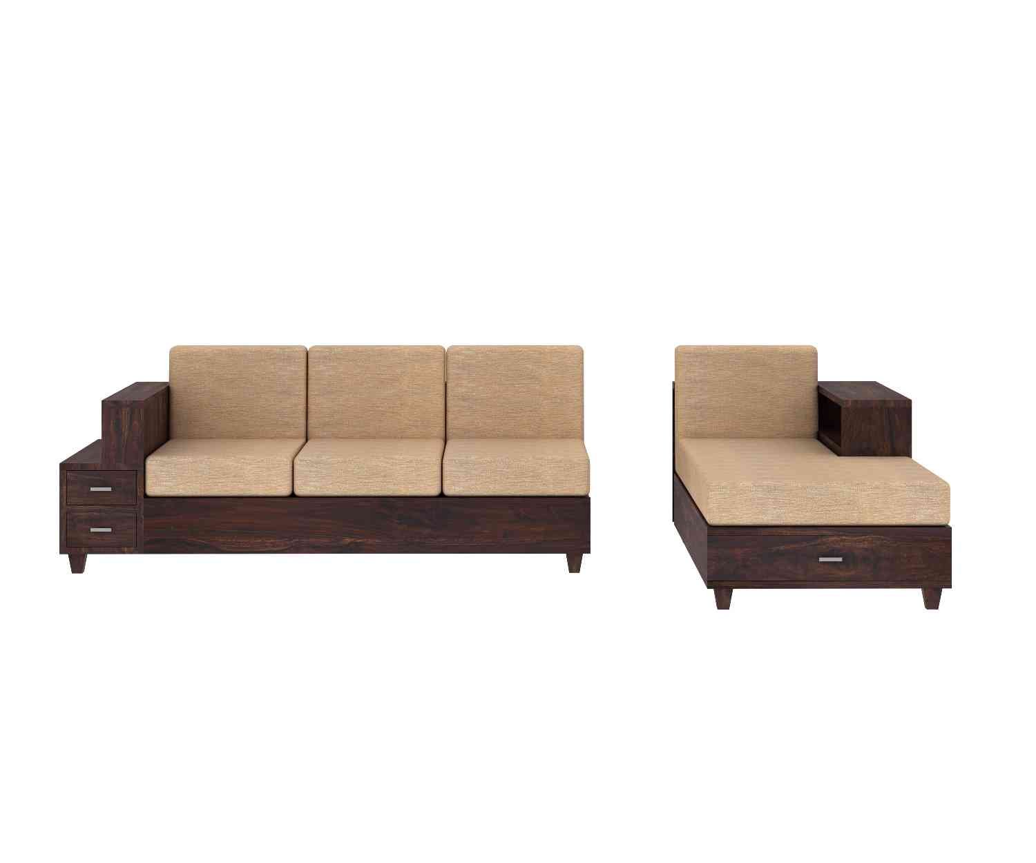 PRITI Solid Wood 4 Seater L Shape Sofa (Walnut Finish)