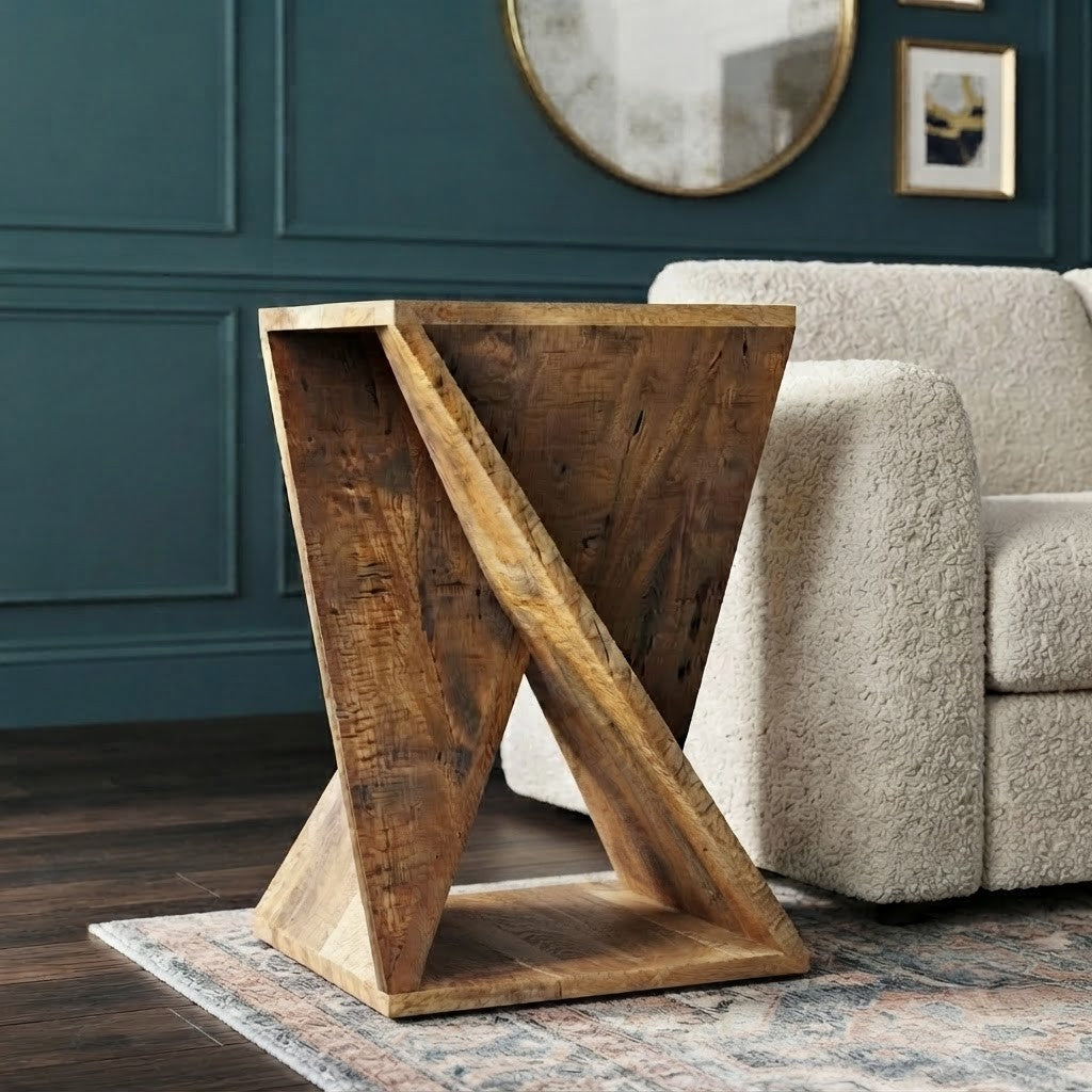 Solid Mango Wood End Table with Geometric Design | PRITI Furniture