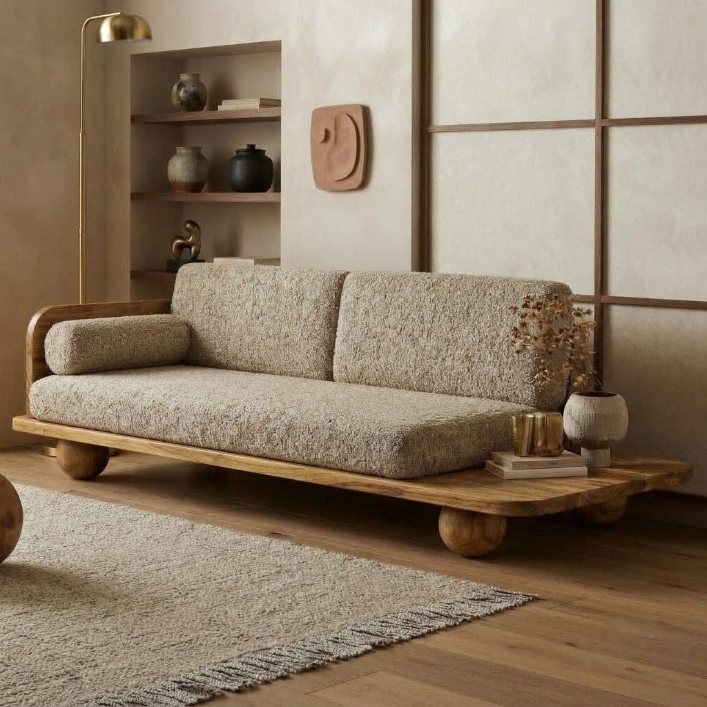 Solid Mango Wood Sofa with Side Shelf – 3 Seater, Boucle