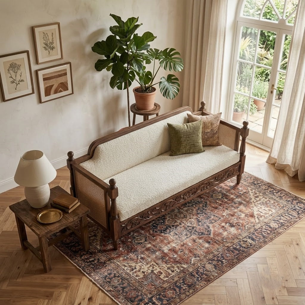 Solid Mango Wood diwan bed with Crème Boucle fabric for living room