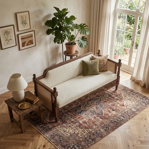 Solid Mango Wood diwan bed with Crème Boucle fabric for living room