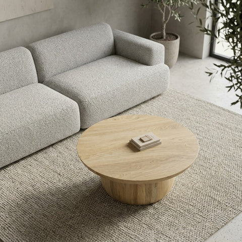 Solid Mango Wood round coffee table with sculptural pedestal base