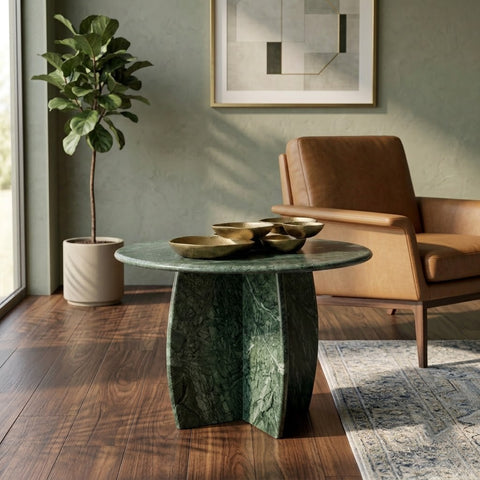 Solid Marble Coffee & Side Table | Mini Round End Table with Pedestal Base