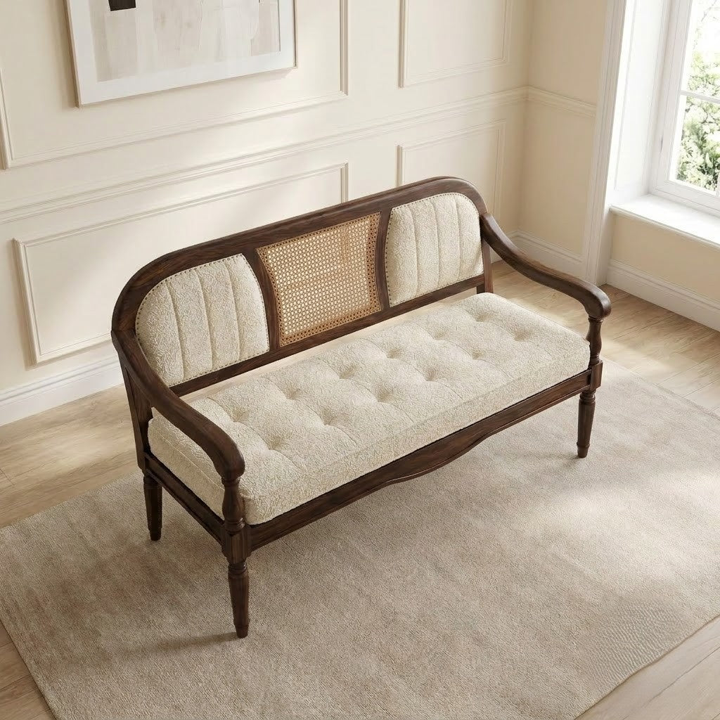 Solid Sheesham Wood 2 Seater Bench with Natural Cane Backrest for Living Room