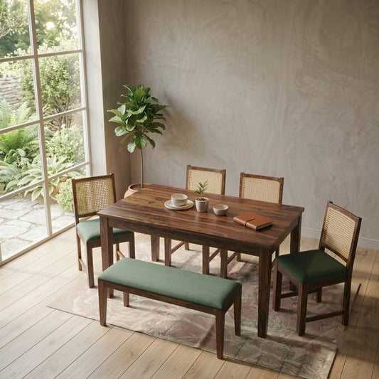 Solid Sheesham Wood 6 Seater Dining Set in Dark Walnut Finish by PRITI