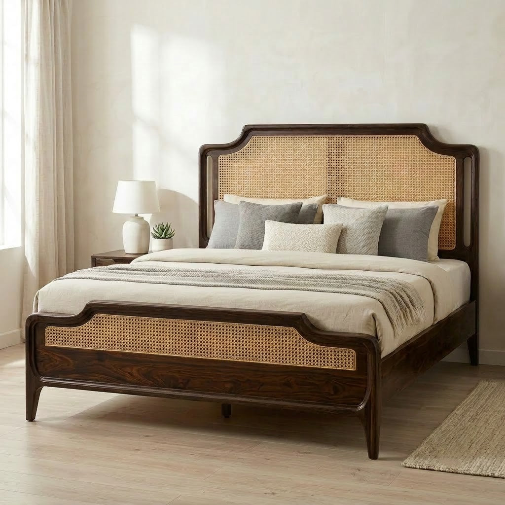 Solid Sheesham Wood Bed without Storage, Cane Design | PRITI