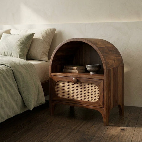 Solid Sheesham Wood Bedside Table with Drawer and Open Storage