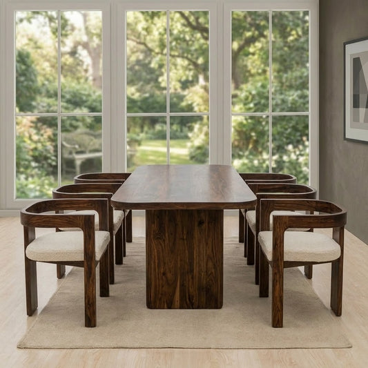 Solid Sheesham Wood Dining Set for 6 | Curved Chairs with Cream Boucle Fabric