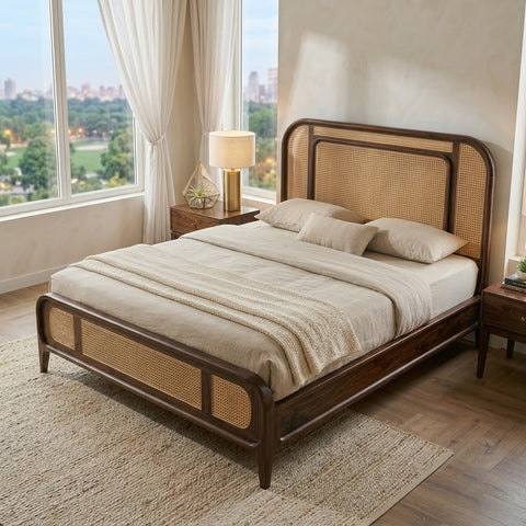 Solid Sheesham Wood King Size Bed with Cane Panel Headboard – Dark Walnut
