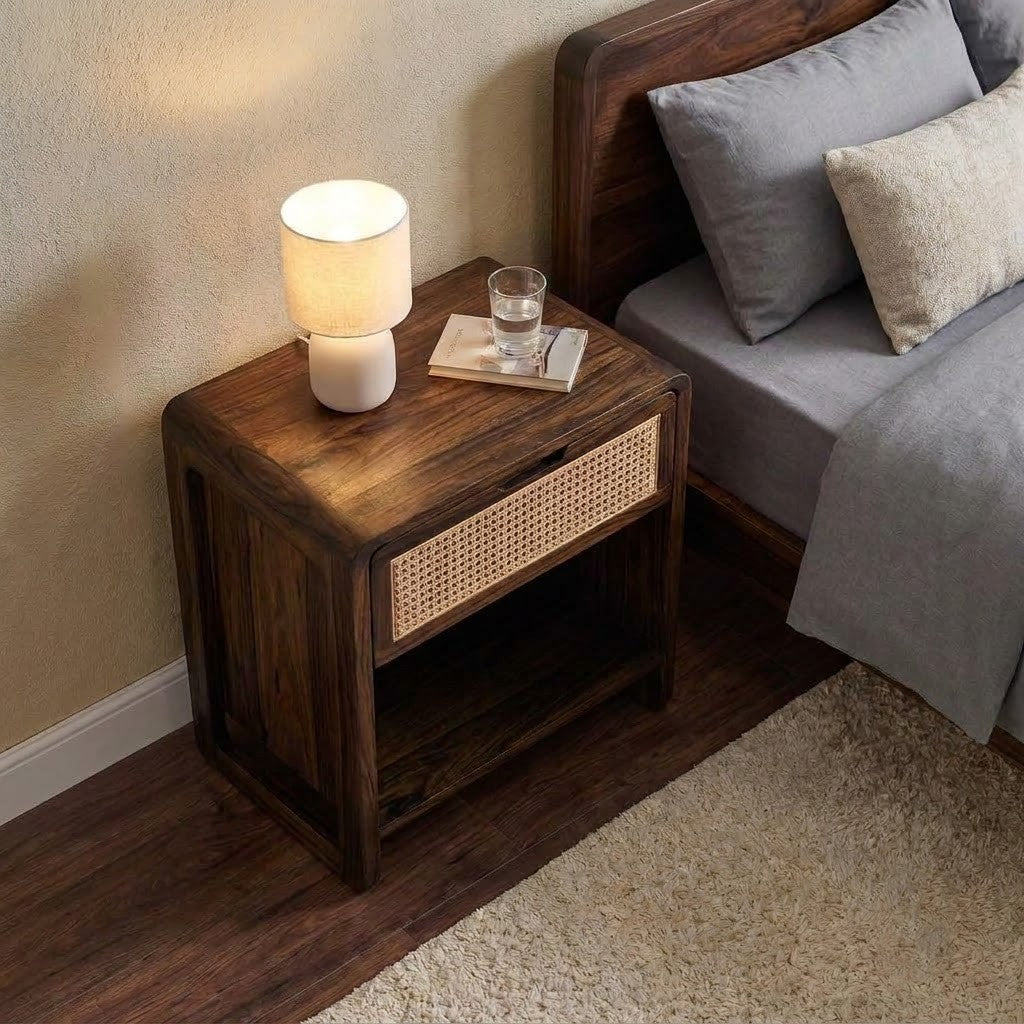 Solid Sheesham Wood Nightstand with Cane Front Storage