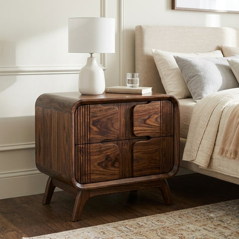 Solid Sheesham Wood Nightstand with Drawer & Cabinet