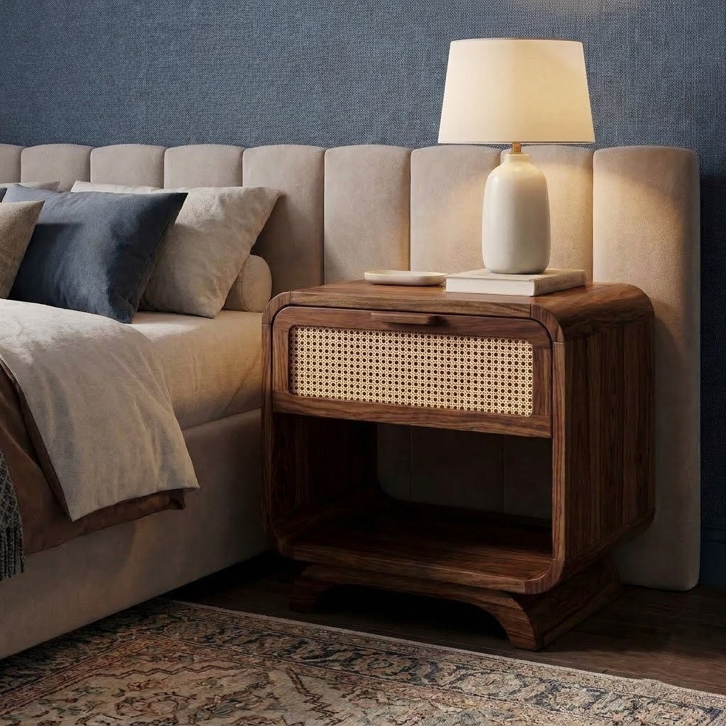 Solid Sheesham Wood Nightstand with Drawer and Open Storage Shelf