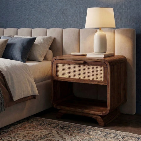 Solid Sheesham Wood Nightstand with Drawer and Open Storage Shelf