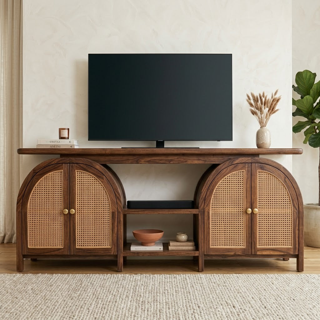 Solid Sheesham Wood TV Unit with Arched Cane Cabinets | Dark Walnut Finish