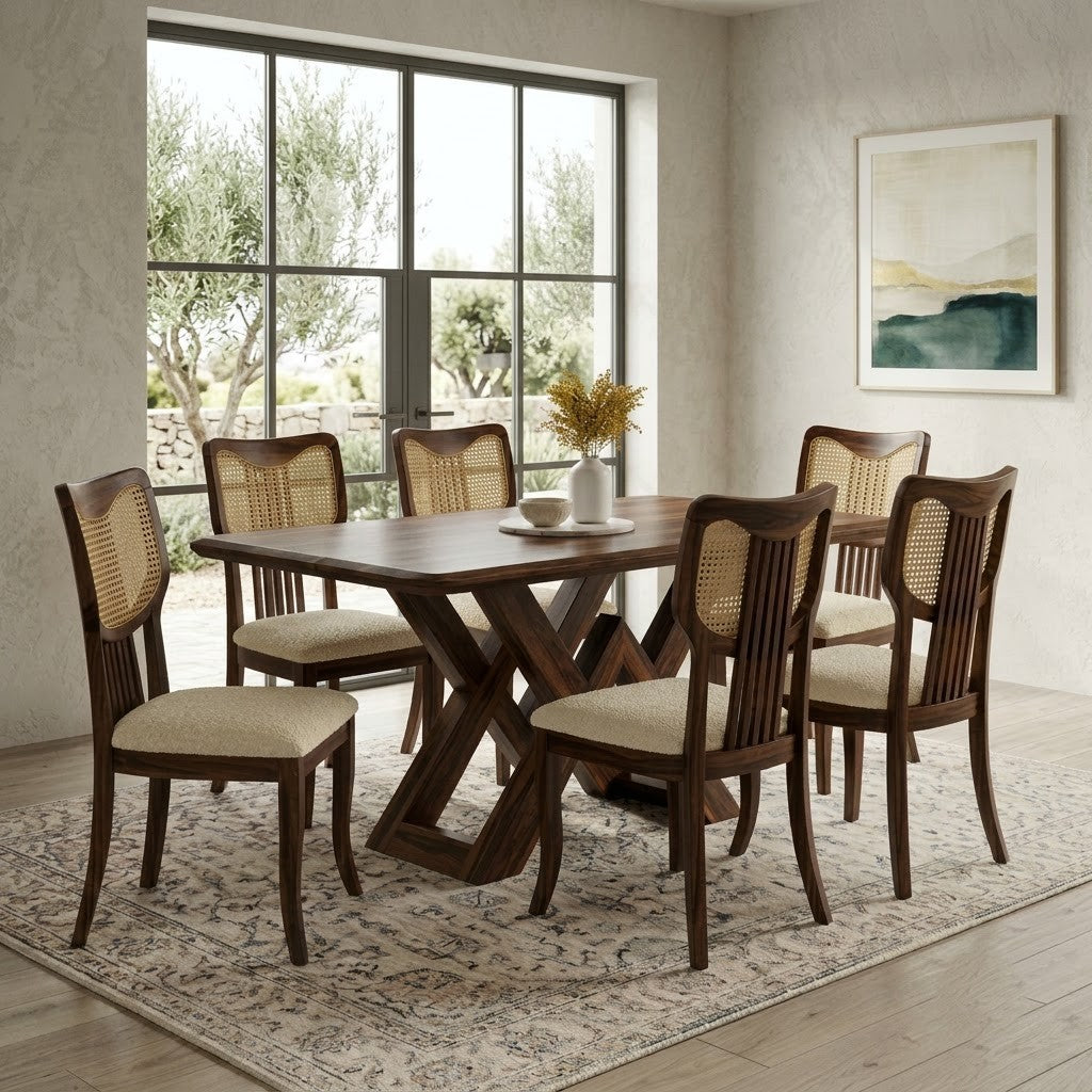 Solid Sheesham dining table with six Crème Boucle chairs