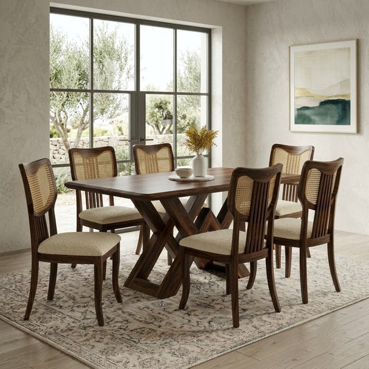 Solid Sheesham dining table with six Crème Boucle chairs